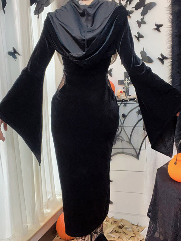 Naughty Halloween New Hooded Flare Sleeve Spider Web Dress