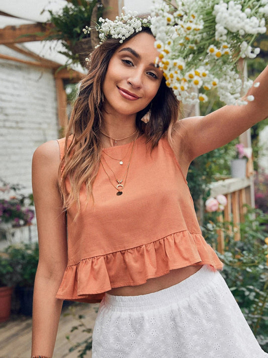 Crop top Women's sleeveless lotus leaf edge hem pure color round neck top