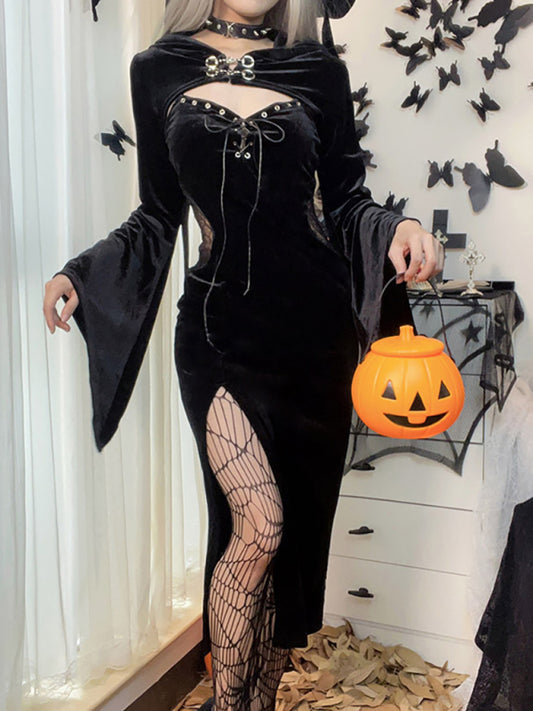Naughty Halloween New Hooded Flare Sleeve Spider Web Dress