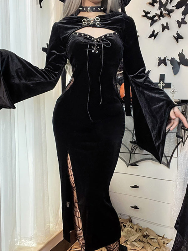 Naughty Halloween New Hooded Flare Sleeve Spider Web Dress